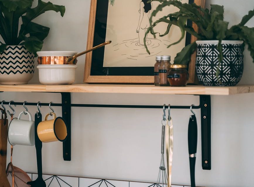 green plants and a frame on a shelf